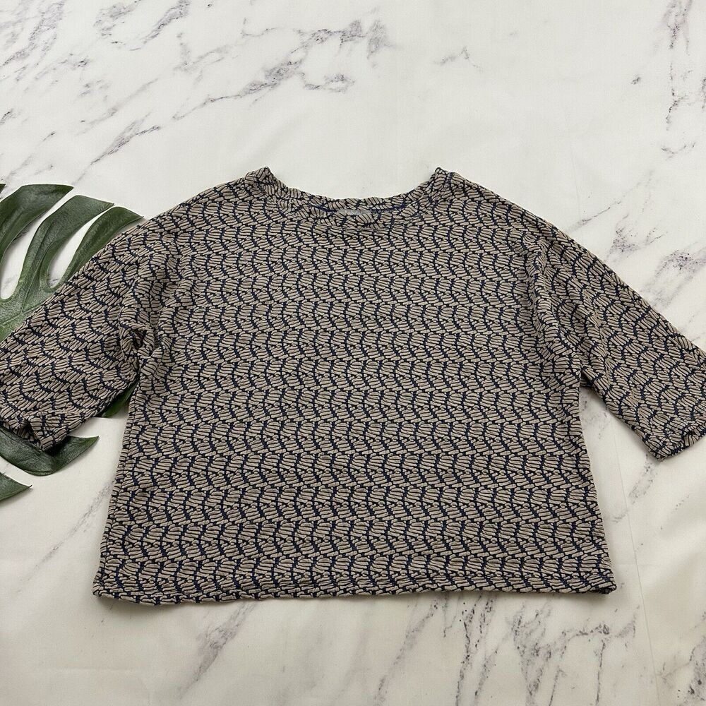 Habitat Womens Textured Top Size XS Brown Blue Geometric Stripe Dolman Sleeve